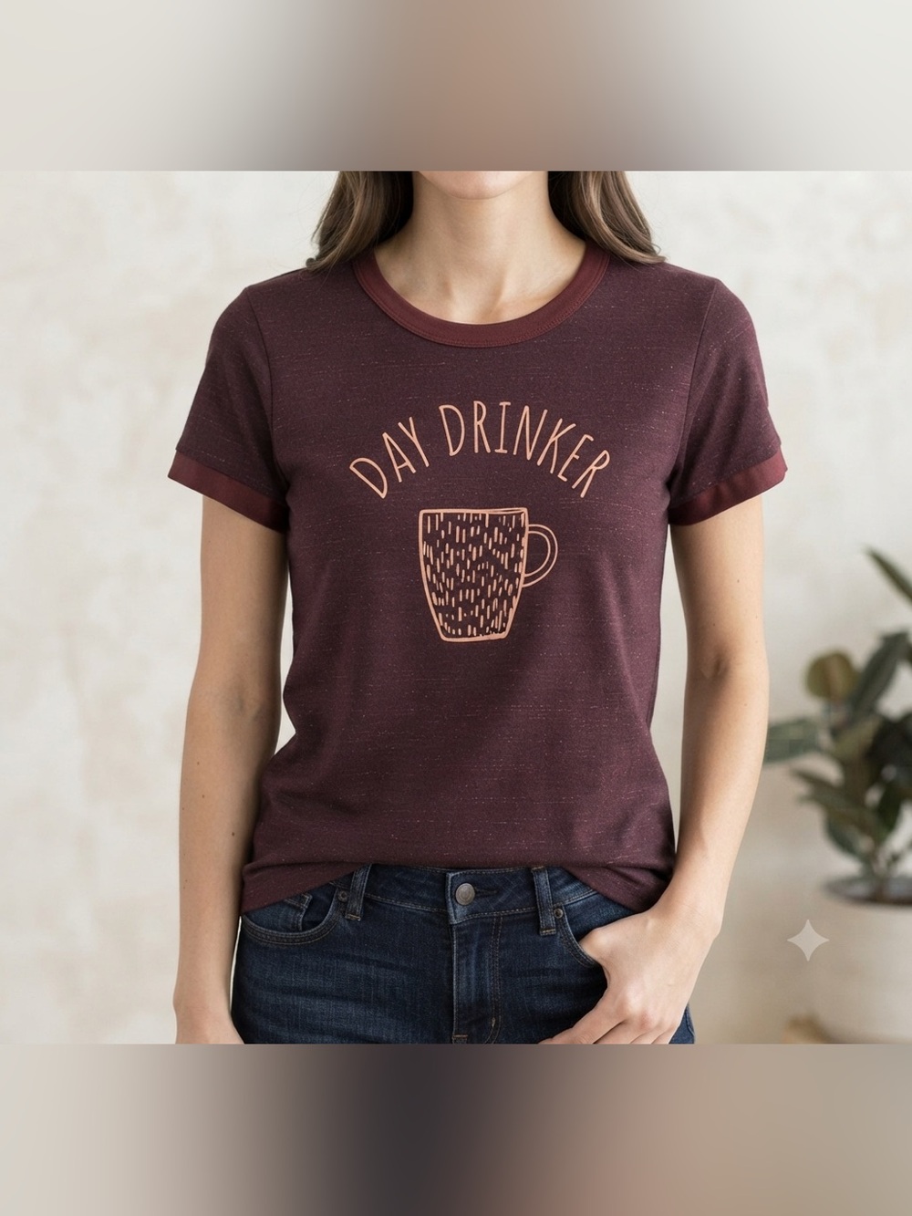 LULAROE Liv Day Drinker Graphic Ringer Tee XXS 18” p2p Burgundy/Peach